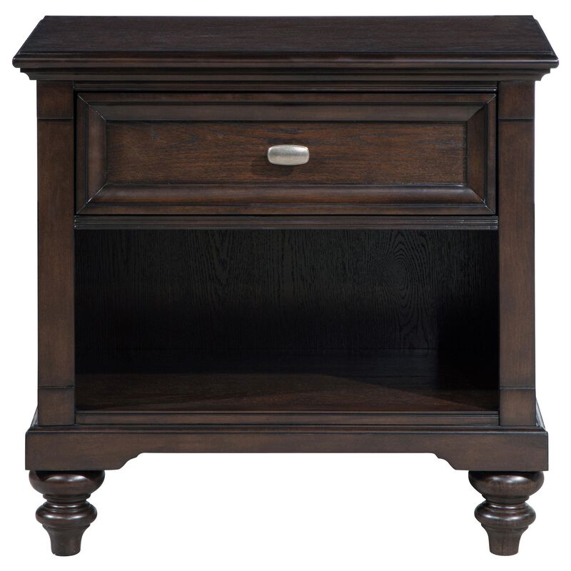 Meon Nightstand w Drawer and Open Cubby Shelf, Dark Oak Brown Wood - Benzara