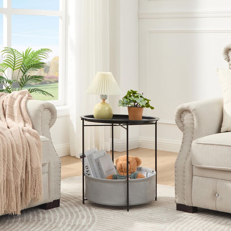 VECELO Round Side/End Table with Fabric Storage Basket