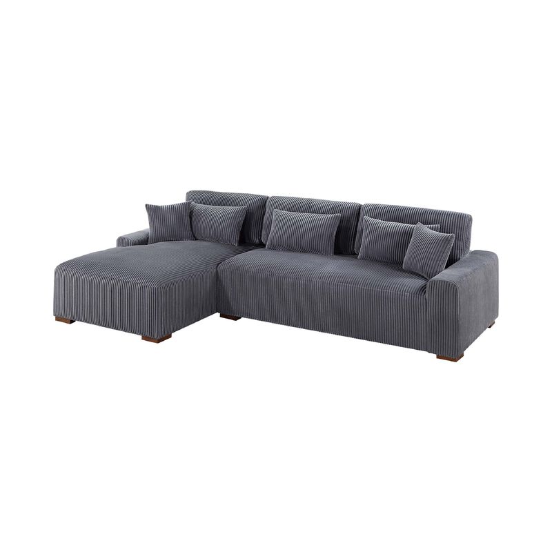 Lio 2pc XL Sectional Sofa with Chaise, 5 Throw Pillows, Gray Corduroy - Benzara