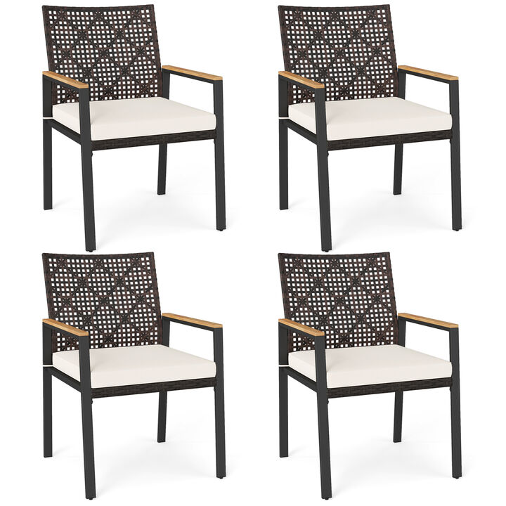 Hand Woven Patio Chairs Set of 4 with Acacia Wood Armrests Outdoor