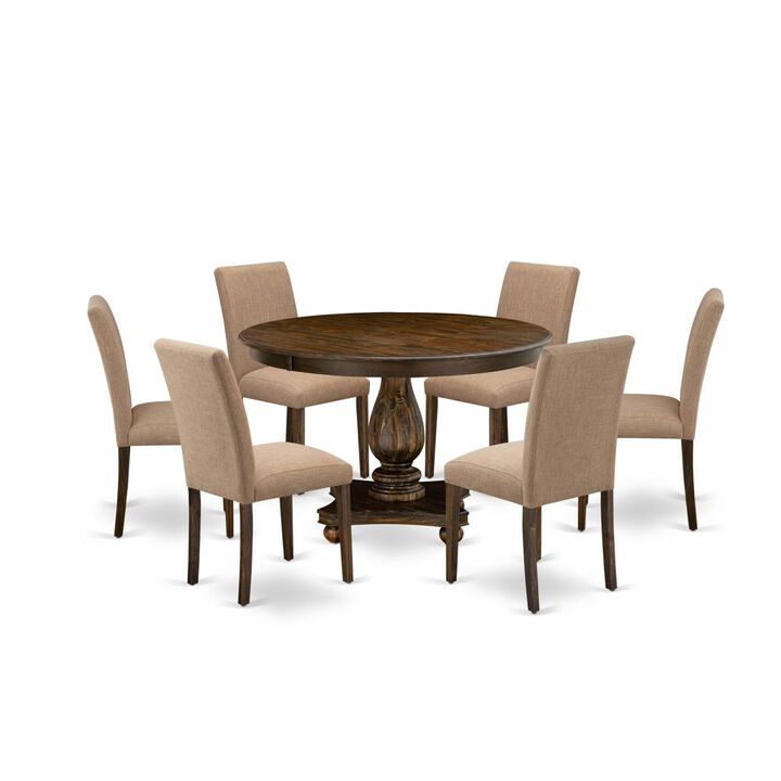 East West Furniture 7 Piece Dining Room Set Contains a Modern Dining Table and 6 Light Sable Linen Fabric Dining Chairs with High Back - Distressed Jacobean Finish