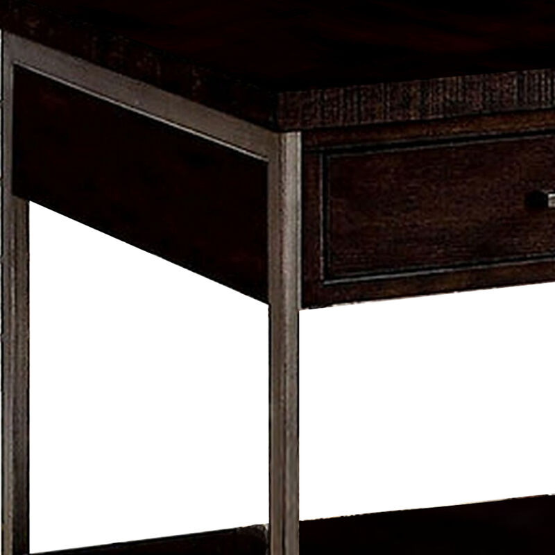 1 Drawer Wooden End Table with Metal Frame, Brown