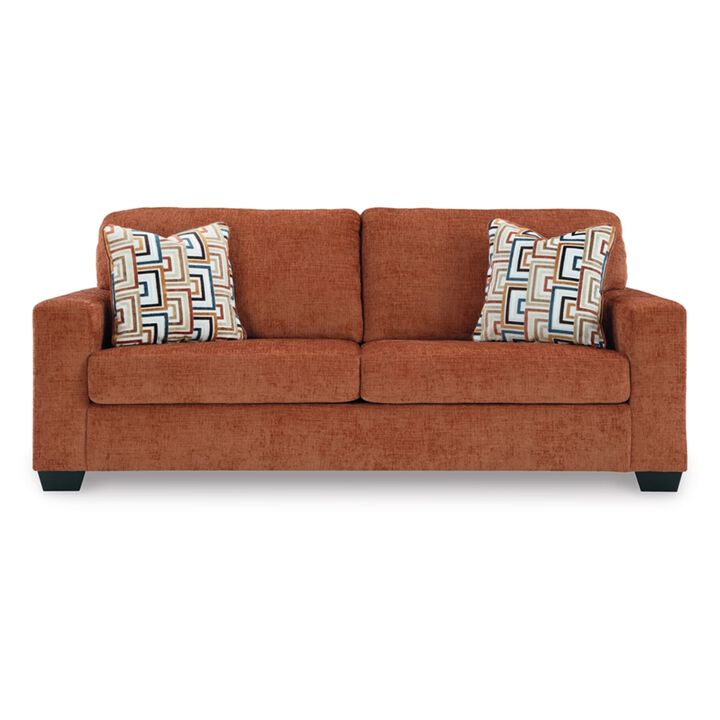 Avie Queen Sofa Sleeper, 2 Accent Pillows, Orange Polyester 85 Inch - Benzara
