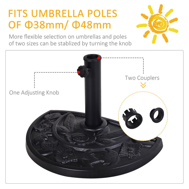 Outsunny 20lbs Half Round Patio Umbrella Base Outdoor Decorative Resin Parasol Stand Holder for Φ1.5", Φ1.9" Pole, for Lawn, Deck, Backyard, Garden, Black