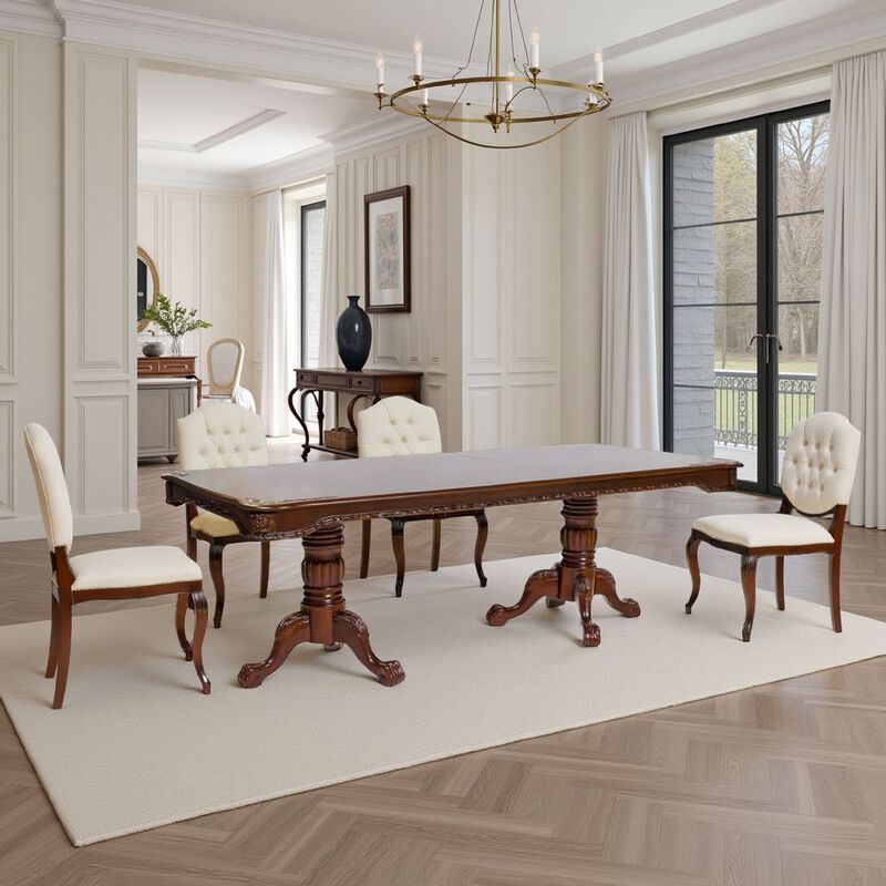 Mina Dining Table, 71-89 Inch Extendable Rectangular Top, Cherry Brown - Benzara