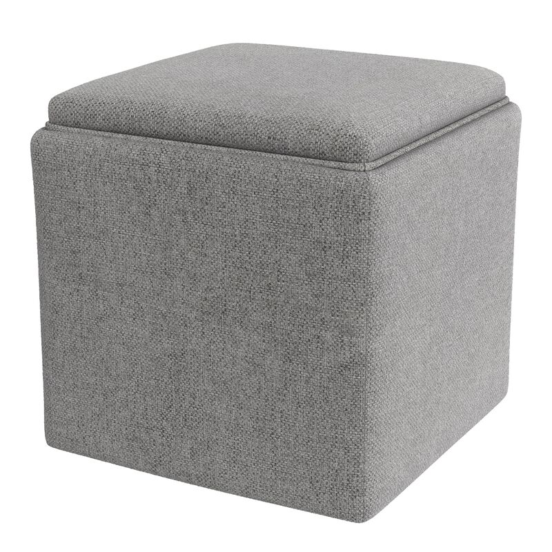 Soa Storage Accent Ottoman, 18 Inch Square Tray Top, Gray Woven Fabric