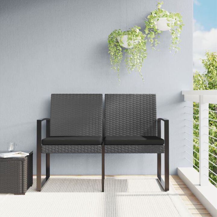vidaXL 2-Seater Patio Garden Bench with Cushions, Dark Gray Polypropylene Rattan Look, Outdoor Seating, Sturdy Powder-Coated Steel Frame - Industrial Style