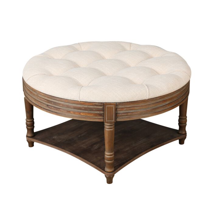 Plozup Large Round Tufted Linen Upholstered Ottoman Coffee Table