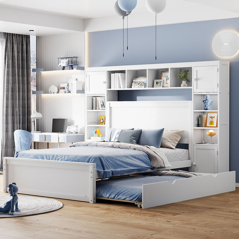 Whisen Modern Design Full Size Wooden Bed With All-in-One Cabinet, Shelf and Twin Size Trundle - White