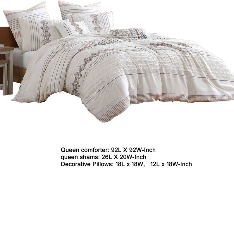 Jela 5pc Queen Comforter Set, Shams, White Clipped Jacquard Stripe