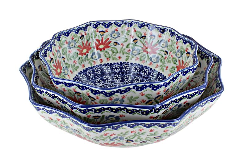 Blue Rose Polish Pottery Jungle Bouquet Decagonal Serving Bowl Set