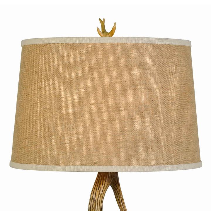 Textured Fabric Shade Table Lamp with Antler Design Base, Beige and Brown-Benzara