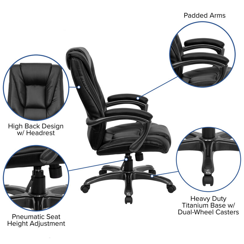 Oma High Back Black LeatherSoft Layered Upholstered Executive Swivel Ergonomic Office Chair with Smoke Metal Base and Arms image number 2