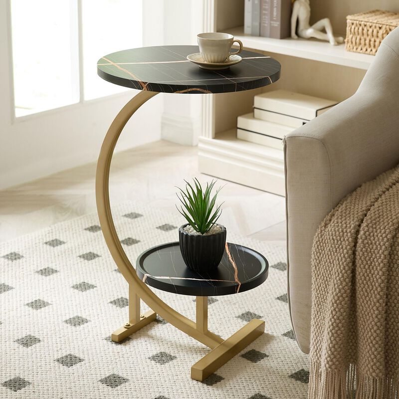 Kings Brand Furniture Rouge C-Shaped Side Table &ndash; Faux Marble Top & Gold Metal Frame Modern Accent Table, Sofa Table image number 1