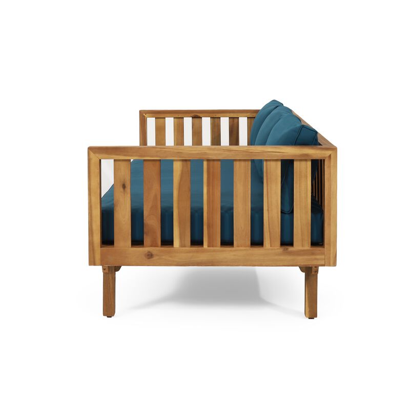 Clara Outdoor 3 Seater Daybed Sofa, Slatted Teak Wood, Blue Fabric image number 3