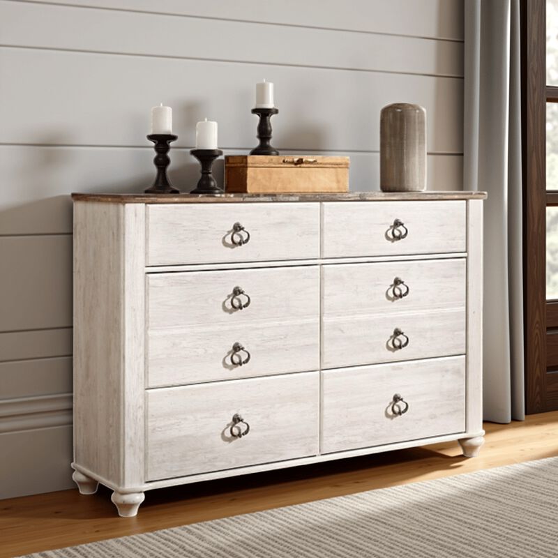 Isla Wide Dresser, 6 Drawers, Brown Wood Finish Top, Rustic Whitewash - Benzara