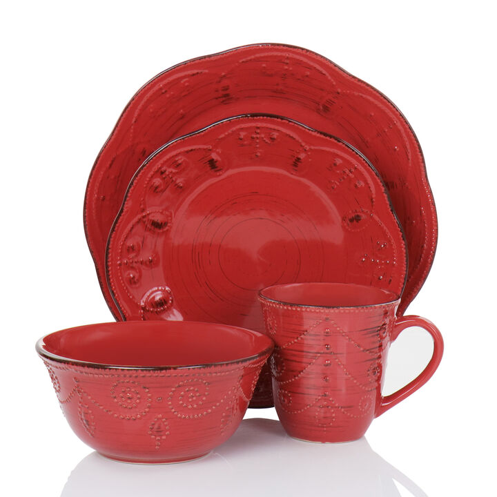 Elama Rustic Birch 16 Piece Stoneware Dinnerware Set in Red