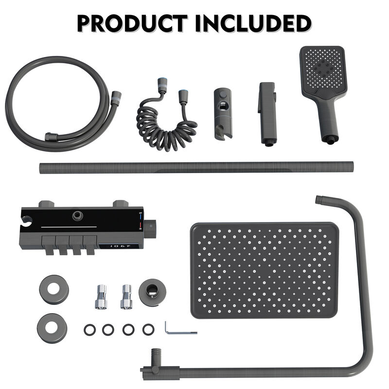 FUFU&GAGA Modern Shower System with Copper Valve Core, 201 Stainless Steel Pipe, PVC Spray Heads, and Fahrenheit Temperature Display, Complete Bathroom Fixture, (11.8" L x 7.9" W x 46.7" H), Black