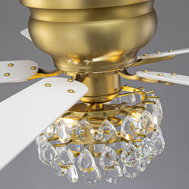 48 in. Soft Brass Crystal Flush Mount Hugger Ceiling Fan with Light and Remote