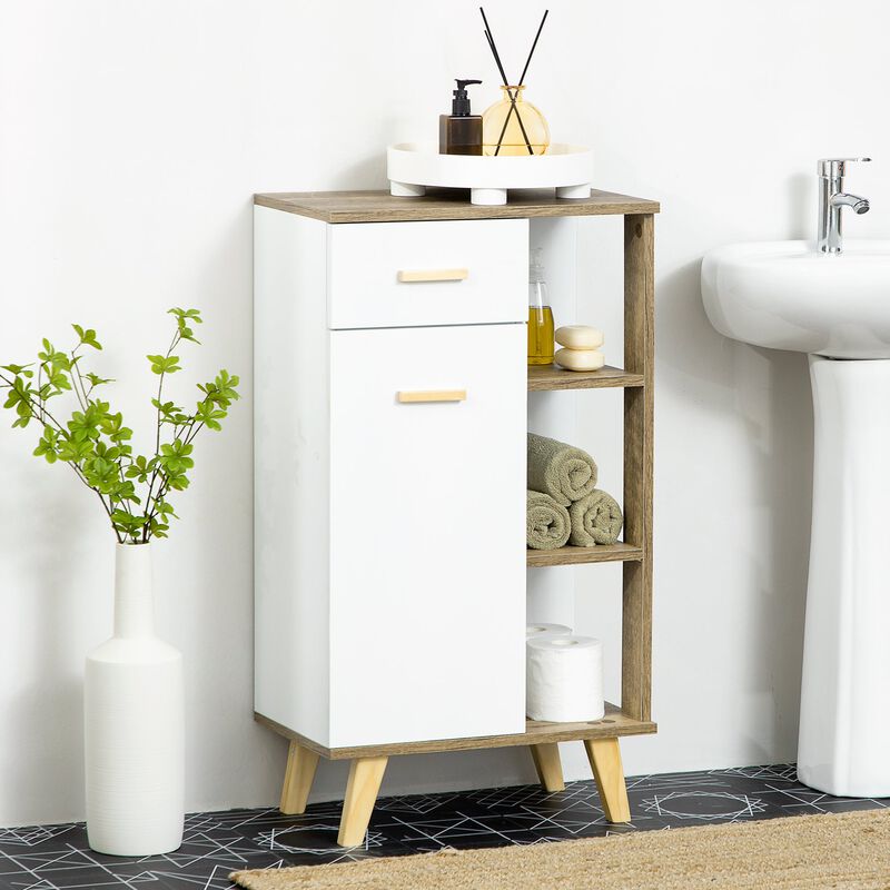 White/Natural Bathroom Storage: Floor Cabinet with Drawer & Shelves