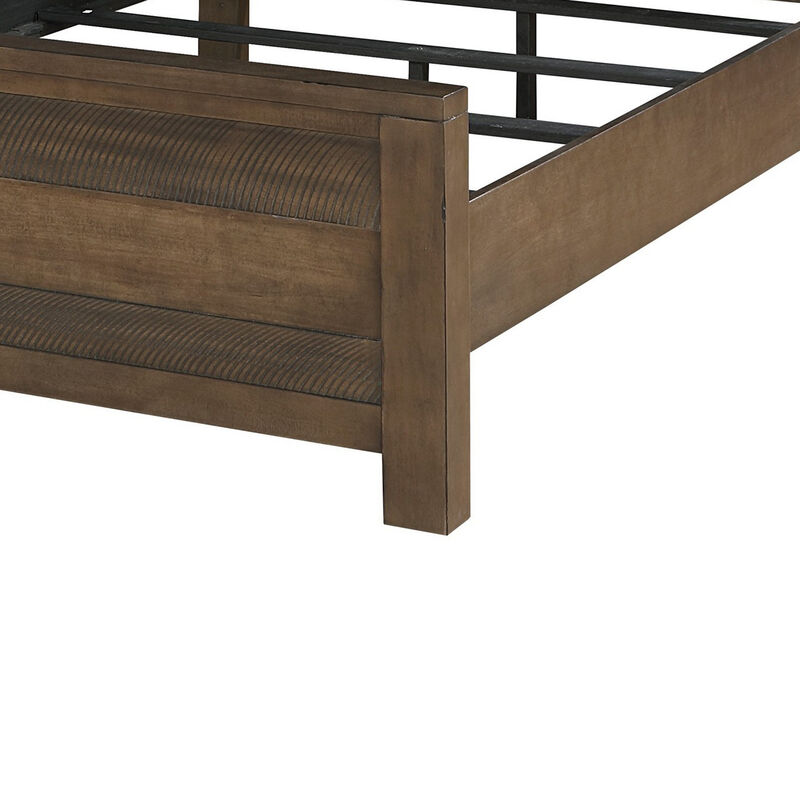 Aco Queen Size Bed, 2 Lampshades, Slatted Headboard, LED Lights, Brown - Benzara