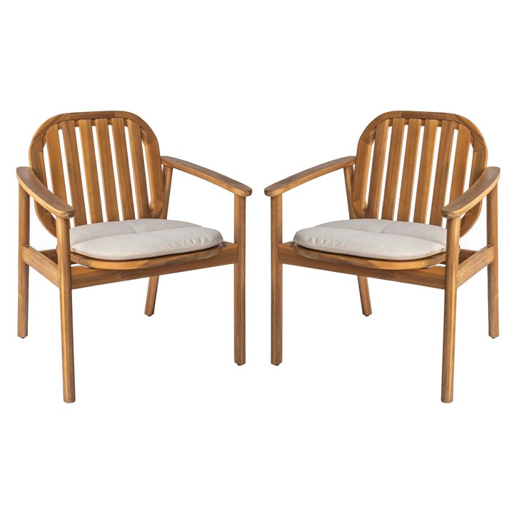 2 Pieces Outdoor Teak Wood Dining Chairs, Classic Slatted Back Armchairs with Removable Cushions