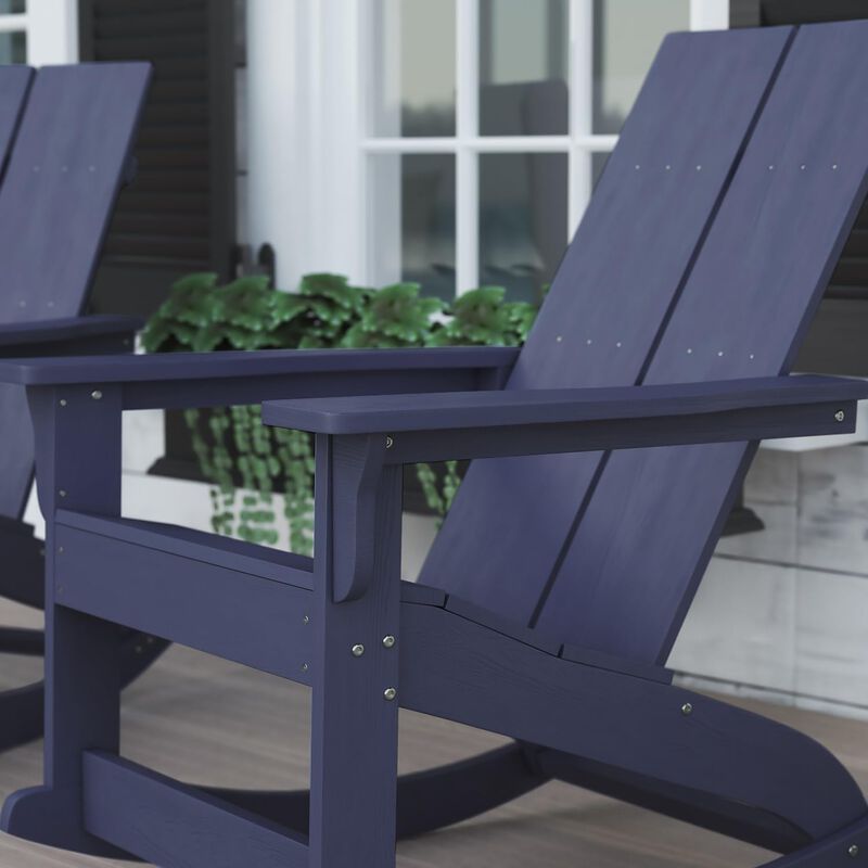 Flash Furniture Finn Modern Commercial Grade Poly Resin Wood Adirondack Rocking Chair - All Weather Navy Polystyrene - Dual Slat Back - Stainless Steel Hardware