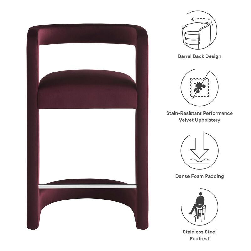 Modway Winslow Performance Velvet Counter Stool with Stainless Steel Footrest in Mulberry image number 3