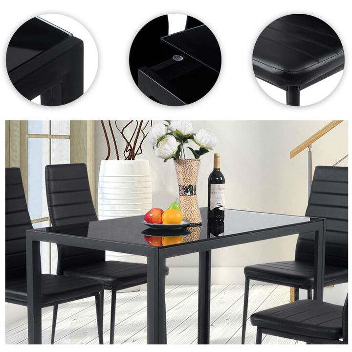 Hivvago 5 Piece Black Glass Tabletop Dining Set With Soft Leather Chairs