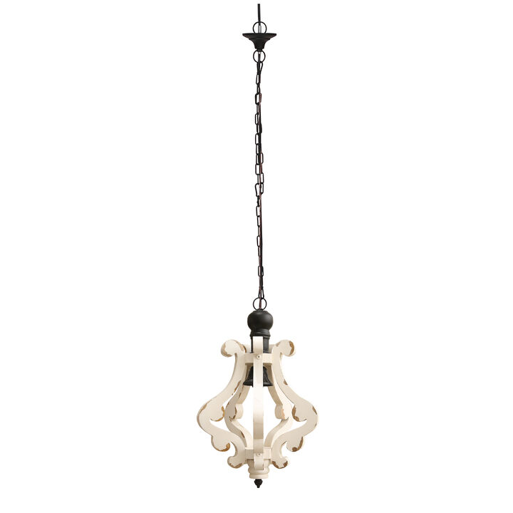 21 Inch French Country Chic Pendant Chandelier, Distressed White Mango Wood-Benzara