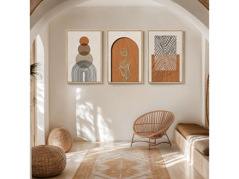 Large Boho Framed Wall Art 3 Piece Canvas Neutral Geo Decor for Living Room Home
