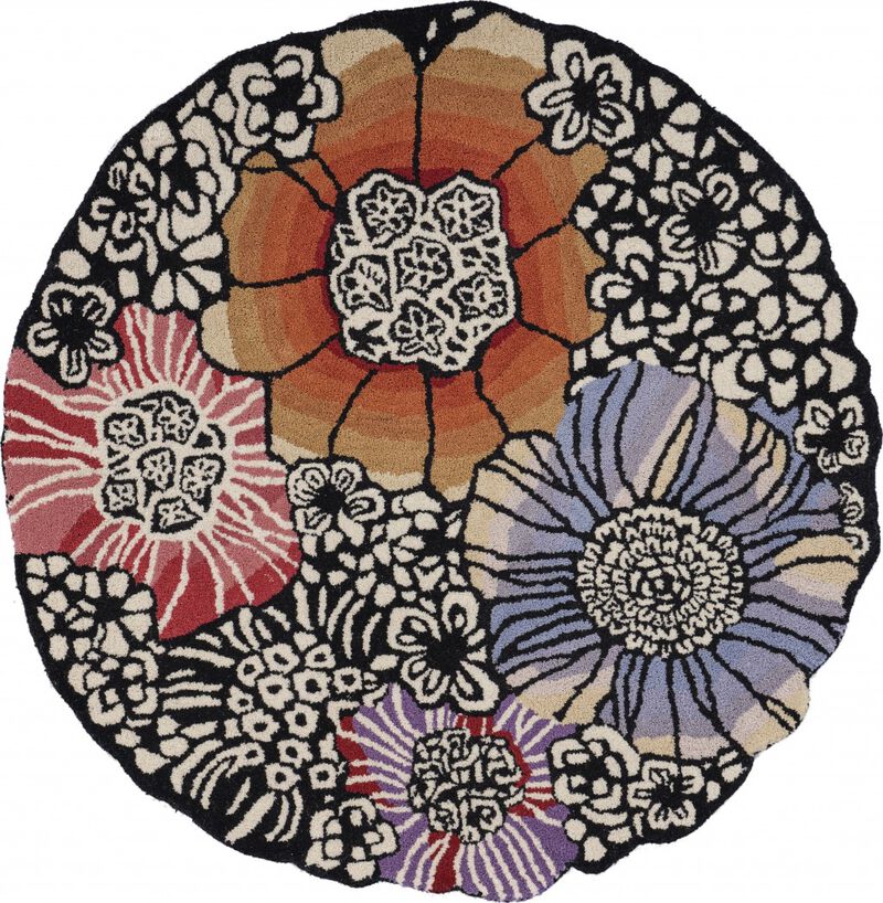 6 Round Red and Black Floral Blossom Area Rug