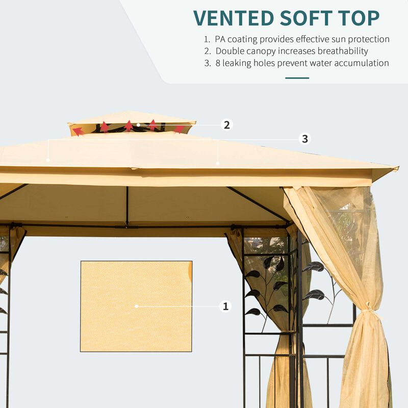Beige Garden Shelter: 10x10 Steel Frame Gazebo with 2-Tier Roof & Mesh Walls