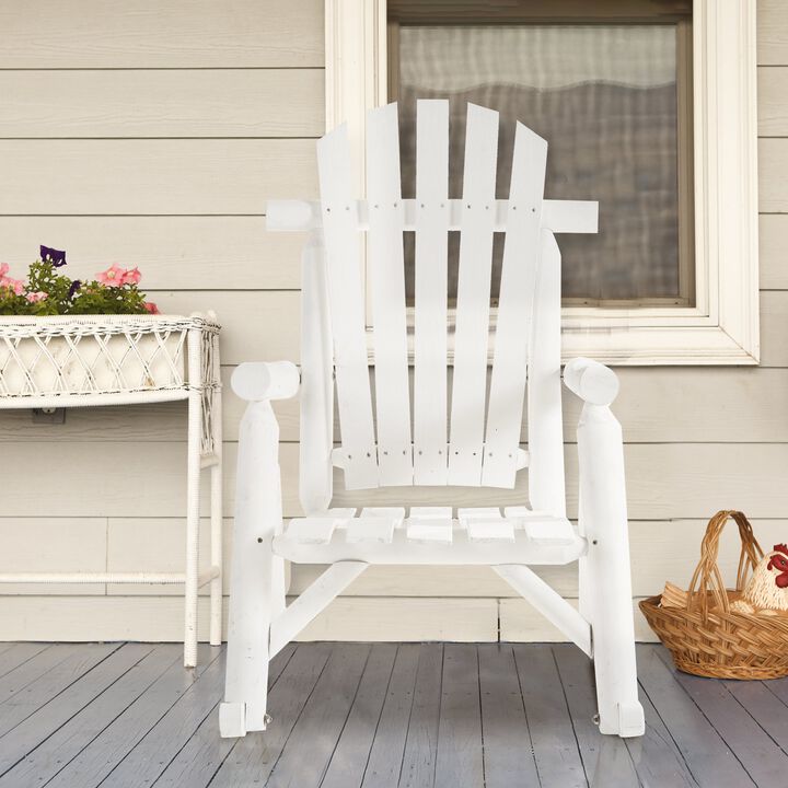 Wooden Adirondack Rocking Chair, Outdoor Rustic Log Rocker with Slatted Design for Patio, White