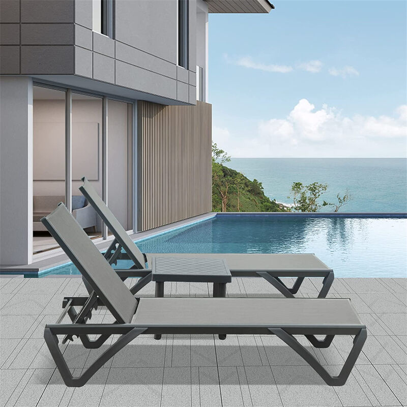 Patio Chaise Lounge Chair Set of 3,Outdoor Aluminum Polypropylene Sunbathing Chair with 5 Adjustable Position, Side Table for Beach, Yard, Balcony, Poolside(Grey,2 Lounge Chair+1 Table)