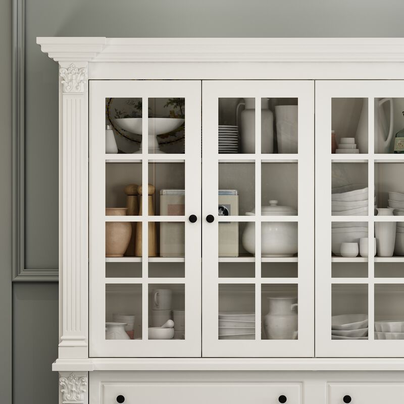 FUFU&GAGA Modern Kitchen Cabinet with 4 Glass Doors & 6 Drawers, Painted Finish, Black Handles, (74.8 in. W x 17.7 in. D x 74.8 in. H), White