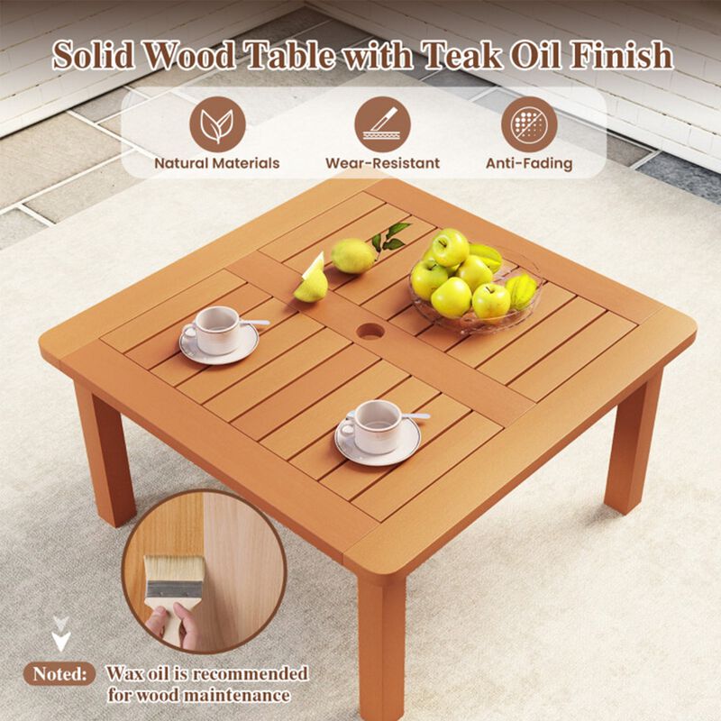 Patio Coffee Table with 2" Umbrella Hole, Solid Wood Teak Oil Finish, 132Lbs Load Outdoor Square Table image number 2