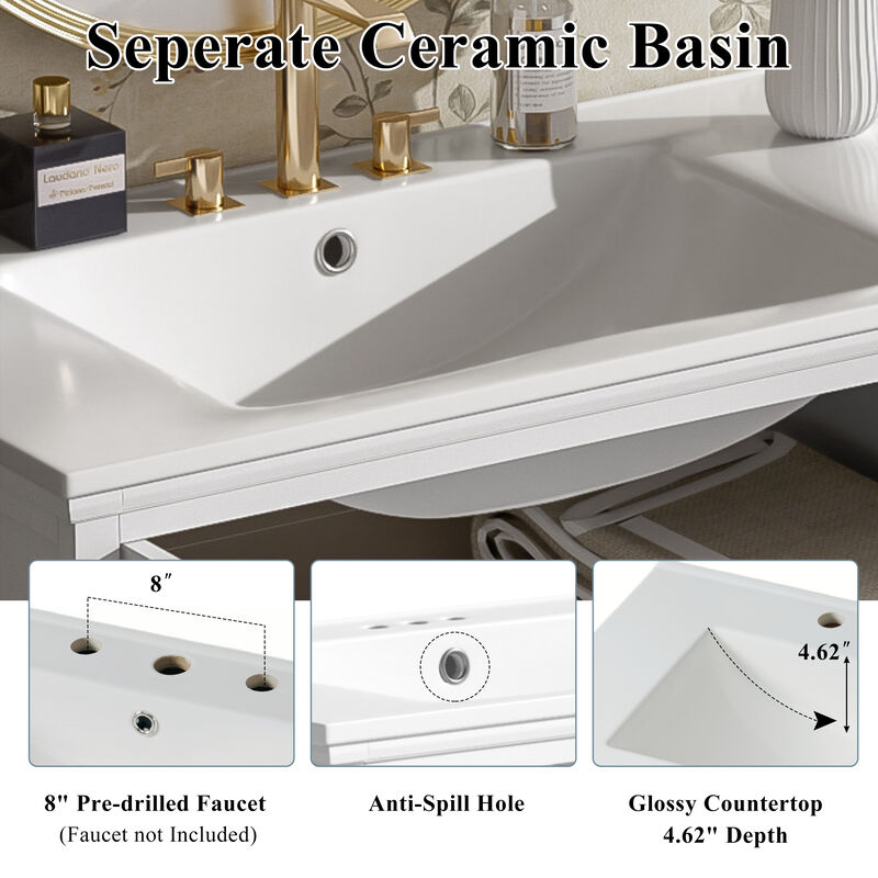 30" Modern Bathroom Vanity with Ceramic Sink, White