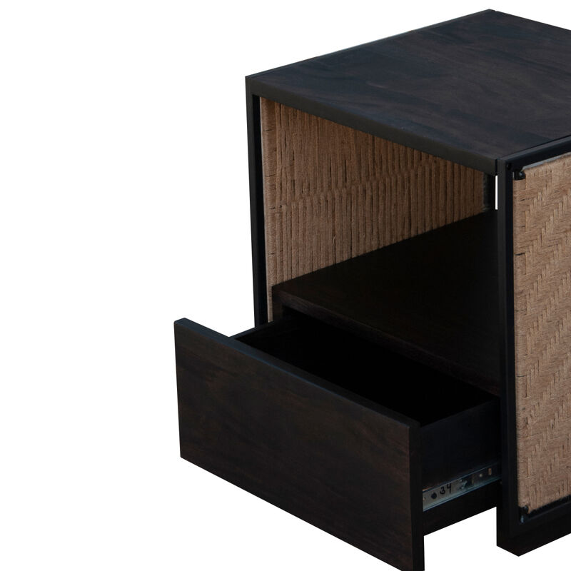 21 Inch Handcrafted Acacia Wood Side Table Nightstand, Woven Jute Side Panels, Brown, Black