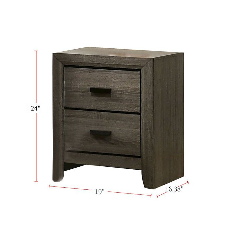 Simple Relax 2 Drawers Wooden Nightstand With Black Rectangular Pulls, Gray image number 2