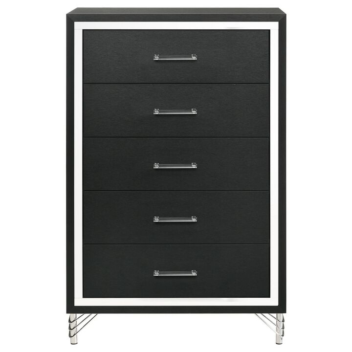Jenny Tall Dresser Chest, 5 Drawers and Chrome Accents, Modern Black - Benzara