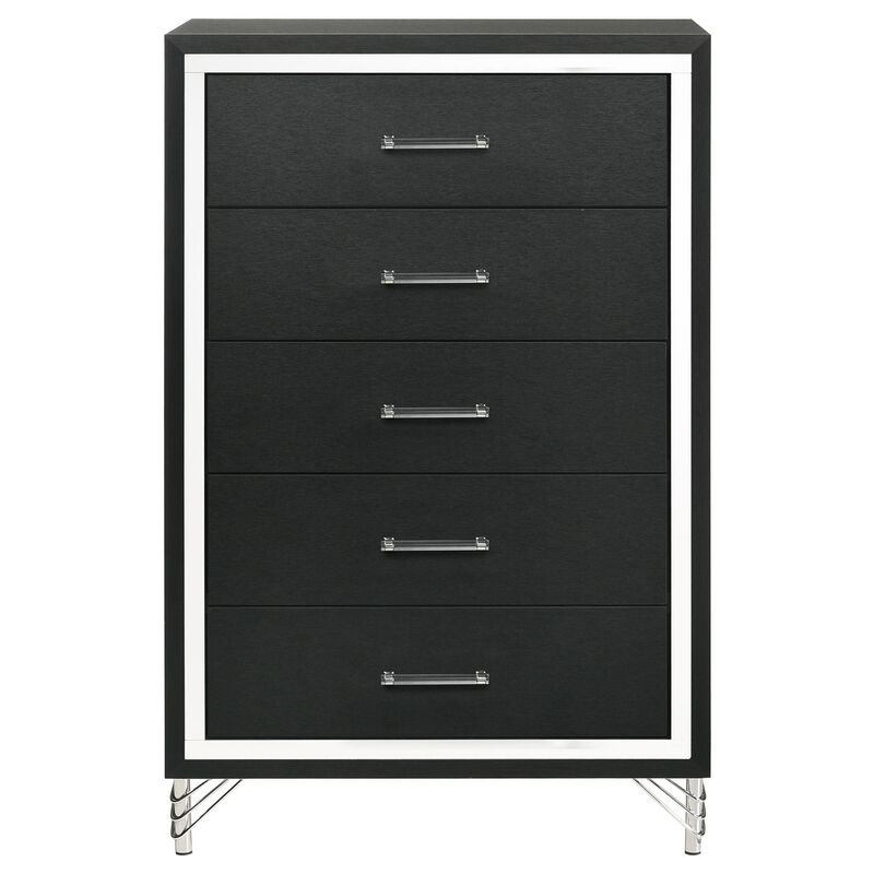 Jenny Tall Dresser Chest, 5 Drawers and Chrome Accents, Modern Black - Benzara