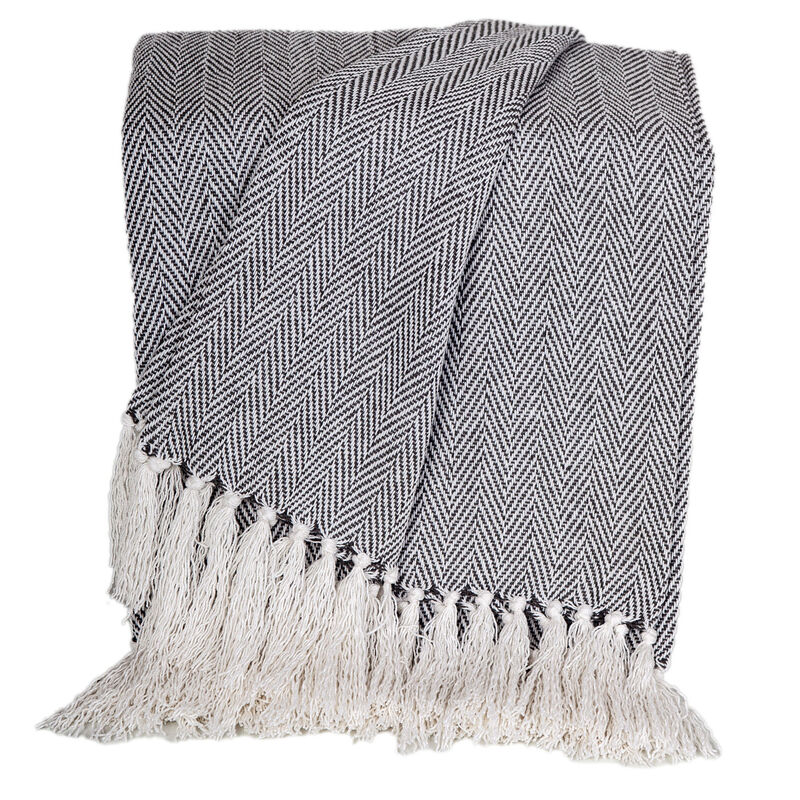 HomeRoots 52" X 67" Gray and Ivory Woven Cotton Herringbone Throw Blanket with Fringe image number 3