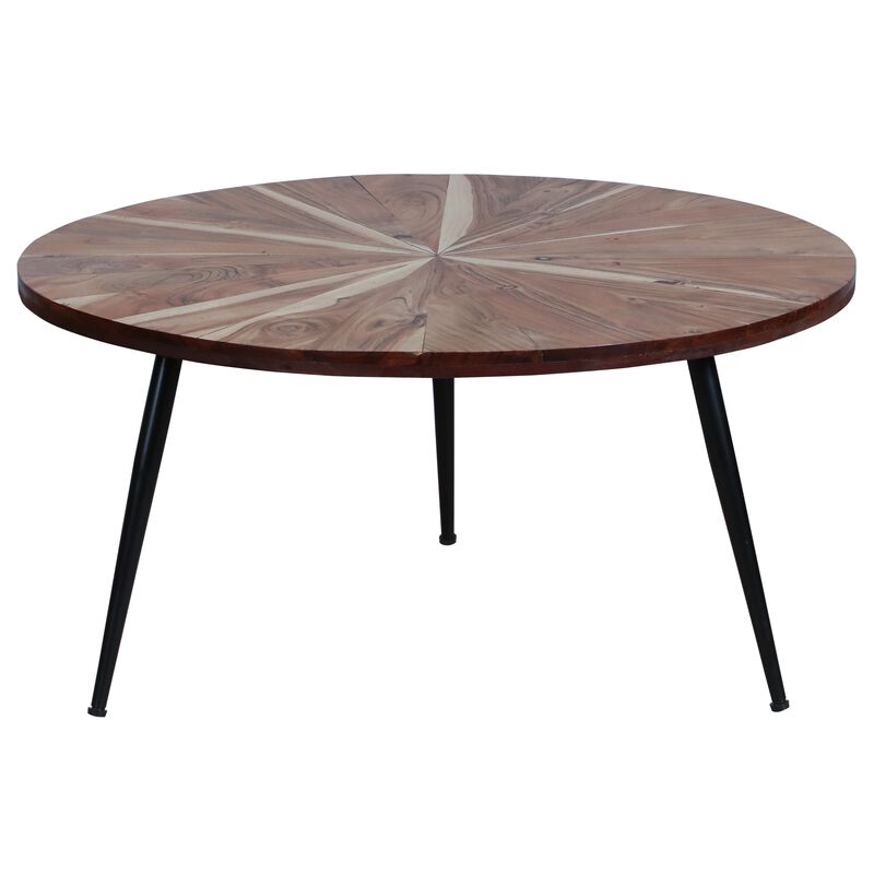 31 Inch Round Acacia Wood Coffee Table, Sunburst Design, Black Powder Coated Tapered Iron Legs, Natural Brown-Benzara