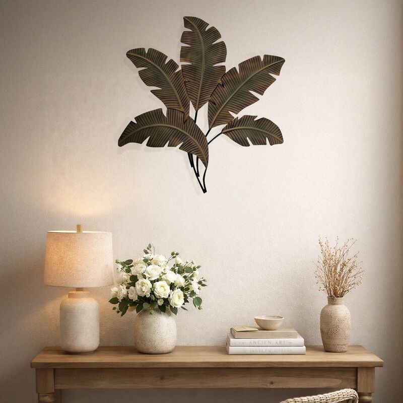 35 Inch Tropical Metal Palm Leaf Wall Mount Accent Decor, Brushed Green, Antique Yellow, Black image number 5
