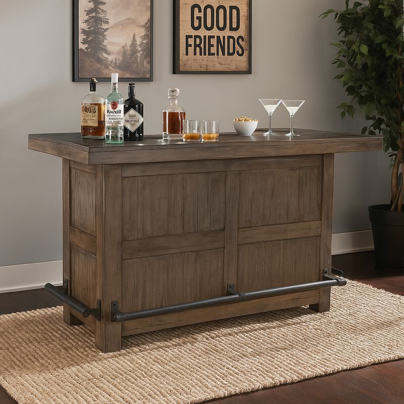 Yael Bar Cabinet Table, Shelves, Pull Out Tray, 80 Inch, Taupe Brown