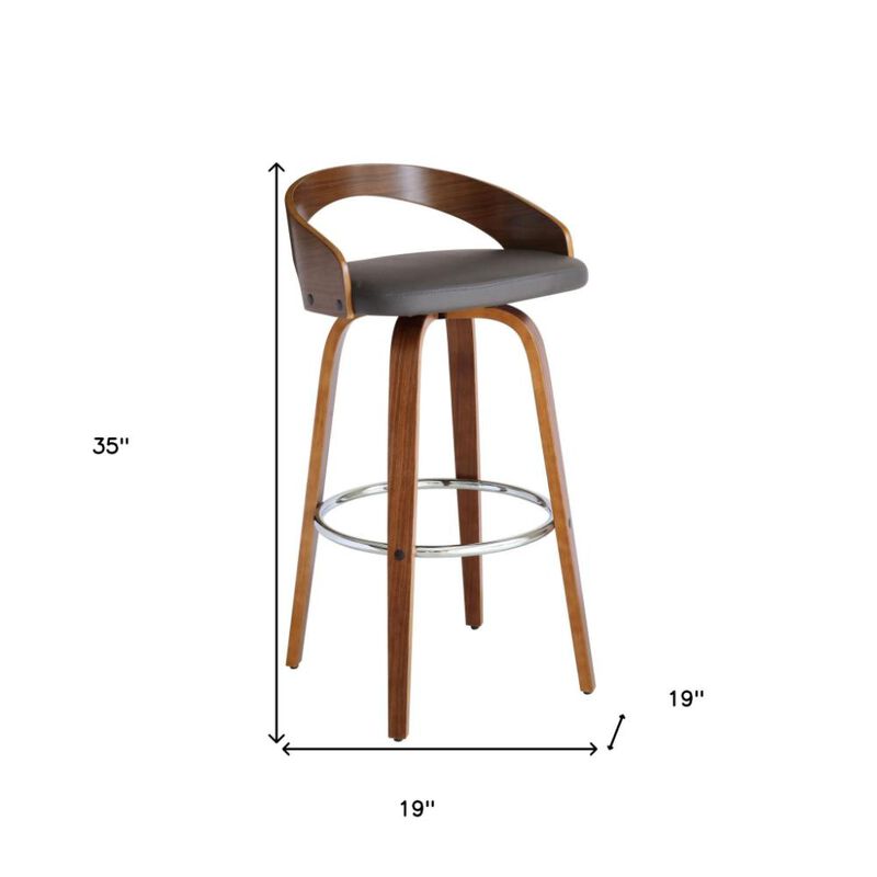 Hivvago 30 Inch Gray and Brown Faux Leather and Iron Low Back Bar Height Swivel Bar Chair