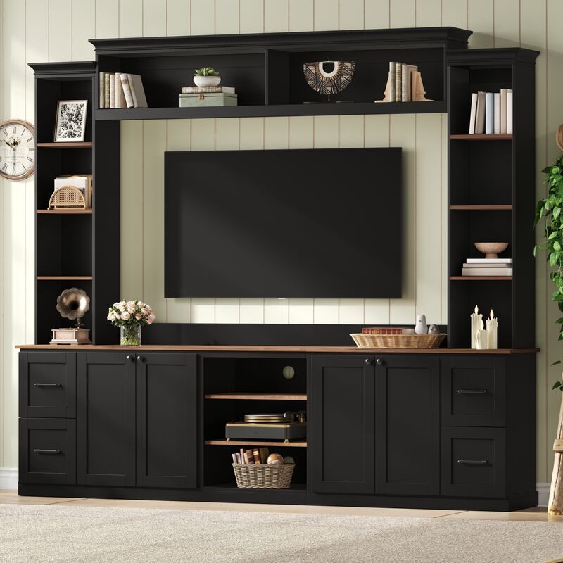 Merax Curved TV Stand with 4 Drawers, 2 Cabinets & 8 Adjustable Shelves &ndash; Walnut Finish image number 2