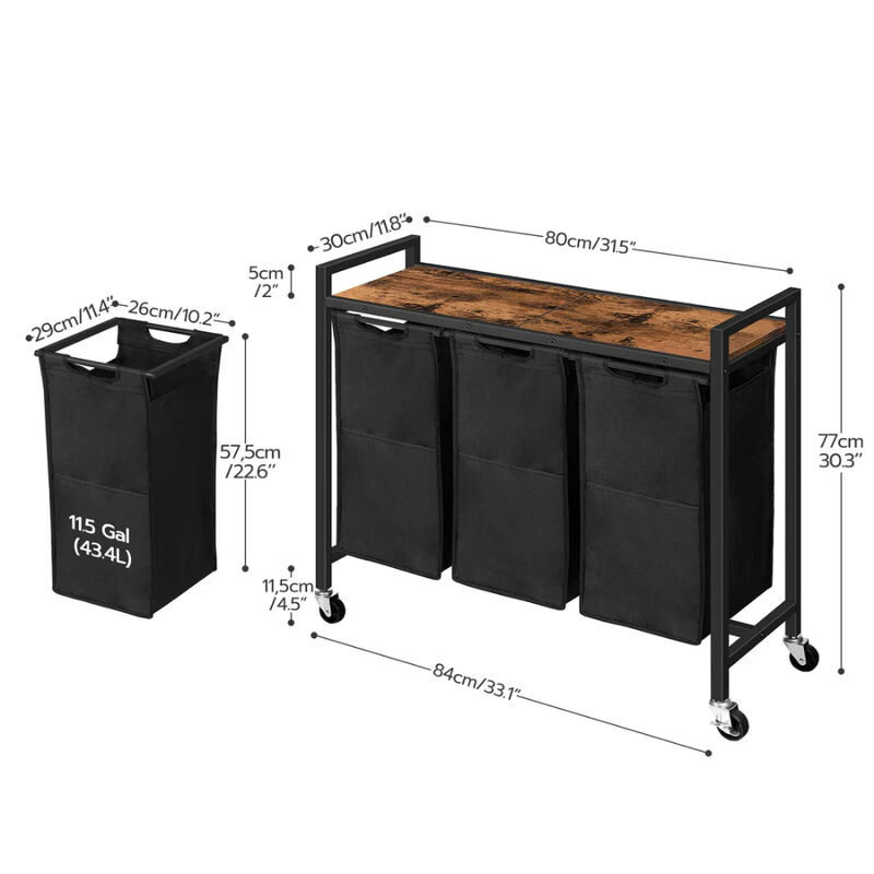 3-Tier Laundry Basket with Wheels, Rolling Clothes Hamper Organizer image number 2