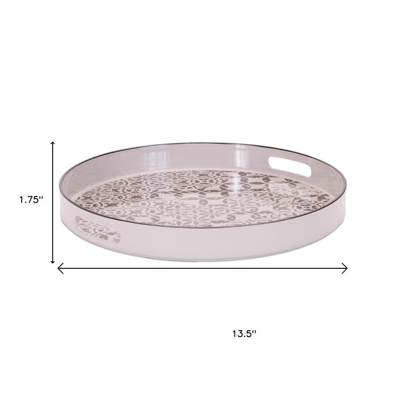 HomeRoots 14" Cream And Gray Geometric Pad Print Round Serving Tray With Handles image number 4